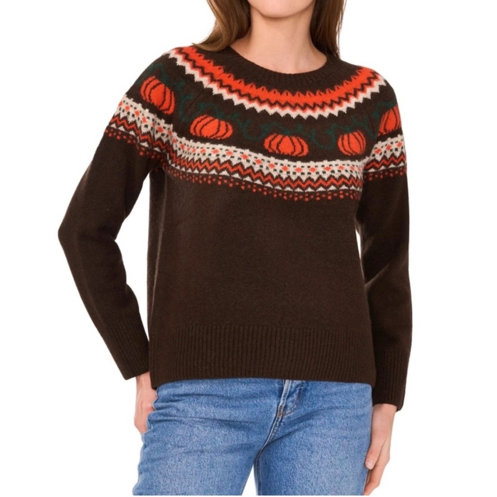NWT Vince Camuto Brown Pumpkin Fall Fair Isle Crew Neck Sweater, size XL